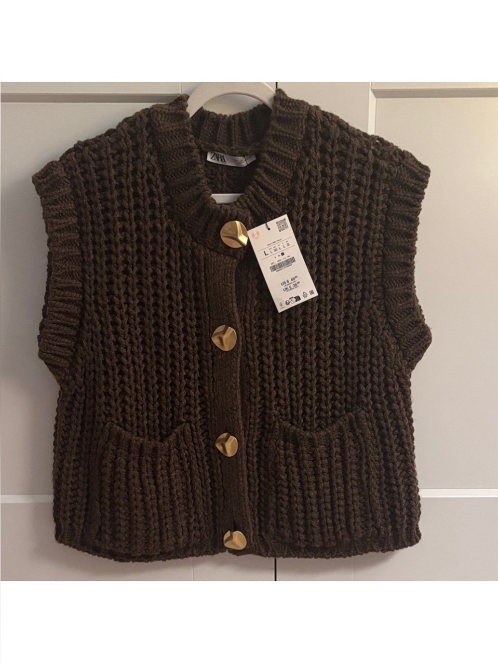 Zara Dark Brown Chunky Knit Sleeveless Cardigan with Gold Buttons